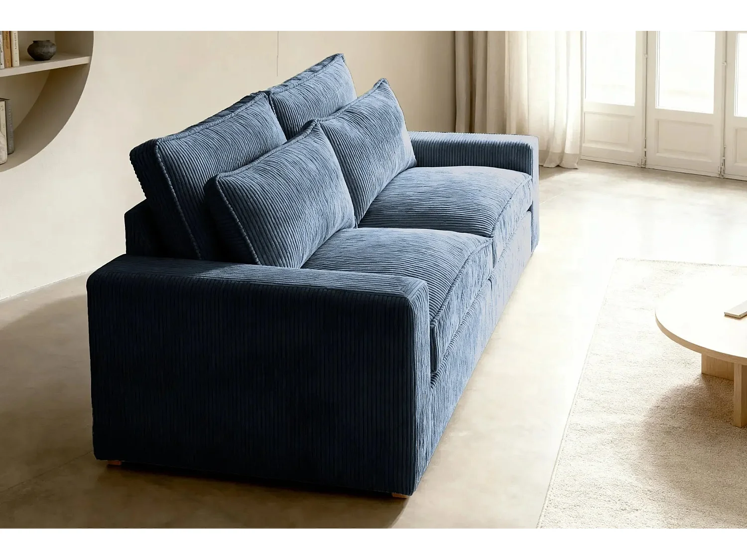 HENRY - Canapé droit velours côtelé 2 places - Bleu