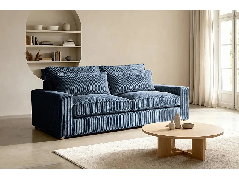 HENRY - Canapé droit velours côtelé 2 places - Bleu