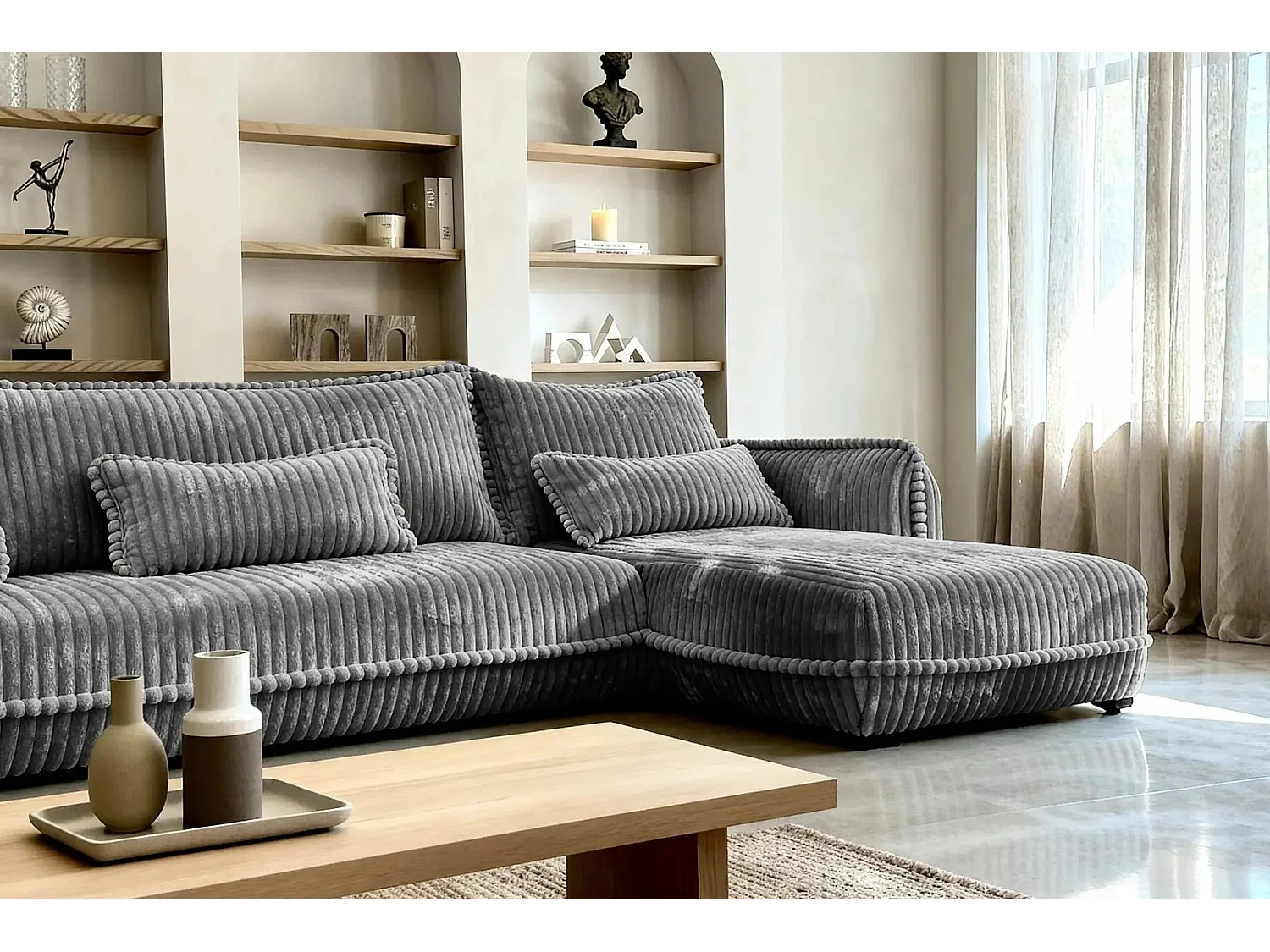 CALIE - Canapé d'angle velours côtelé 3 places - Gris foncé - Droit