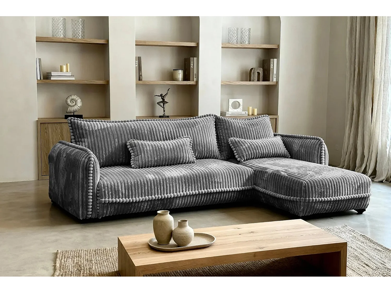 CALIE - Canapé d'angle velours côtelé 3 places - Gris foncé - Droit