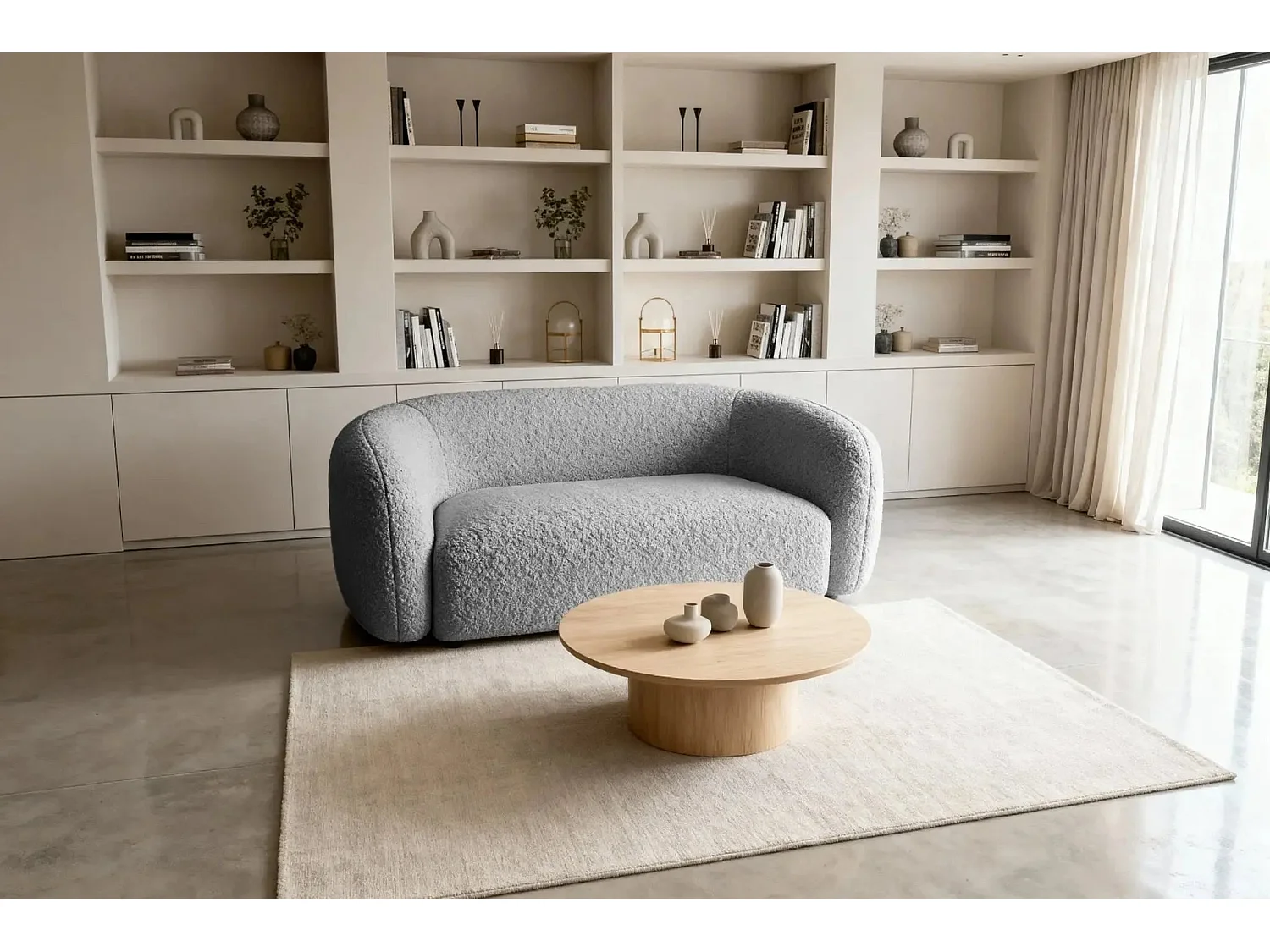 BAHIA - Canapé droit tissu bouclette 2 places - Gris clair