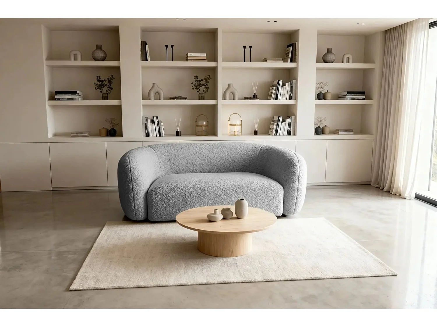 BAHIA - Canapé droit tissu bouclette 2 places - Gris clair