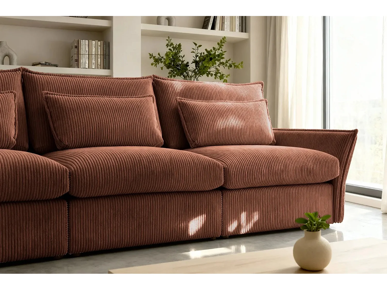 ANGELE - Canapé droit velours côtelé 3 places - Terracotta