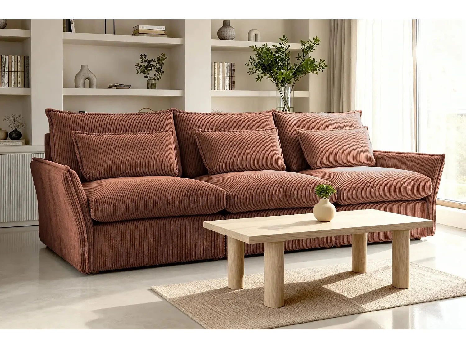 ANGELE - Canapé droit velours côtelé 3 places - Terracotta