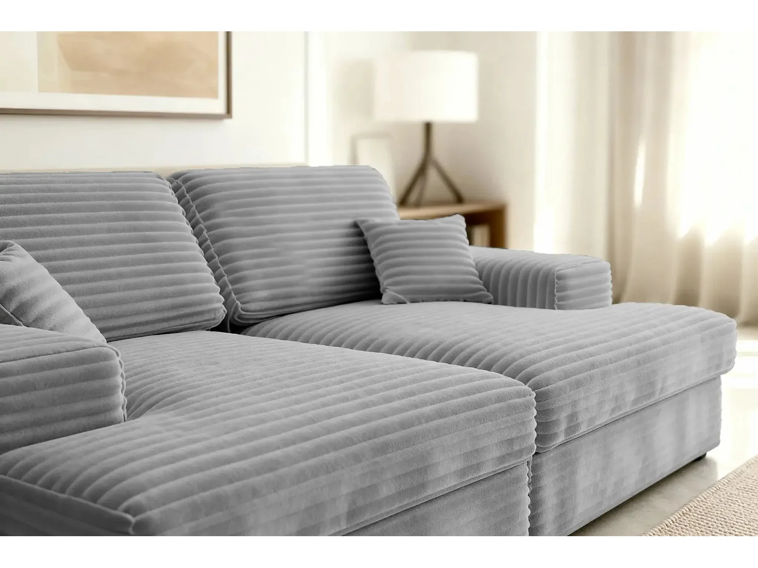 LISBONNE XL - Canapé droit XL gros velours côtelé 3 places Gris clair