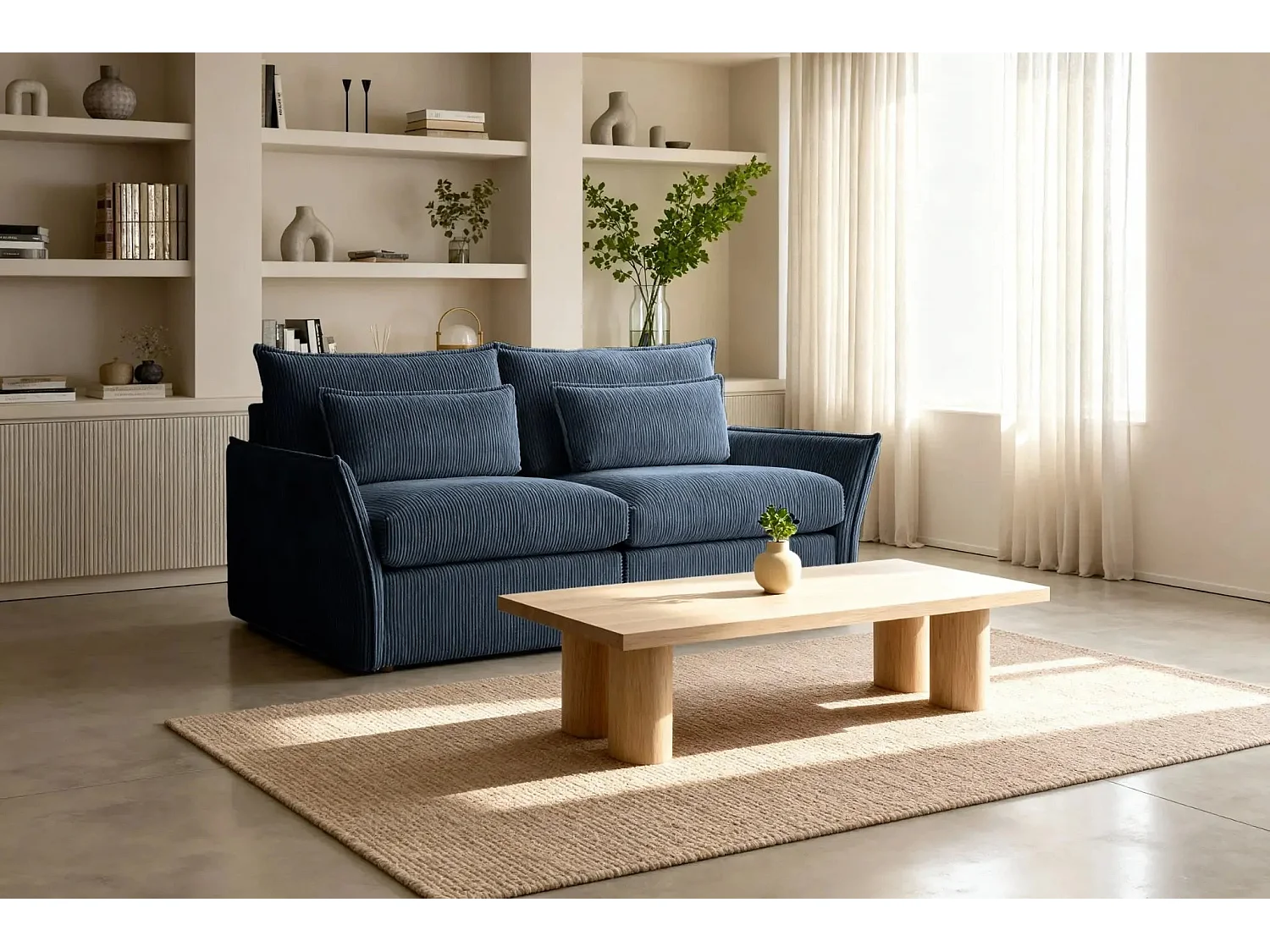 ANGELE - Canapé droit velours côtelé 2 places - Bleu