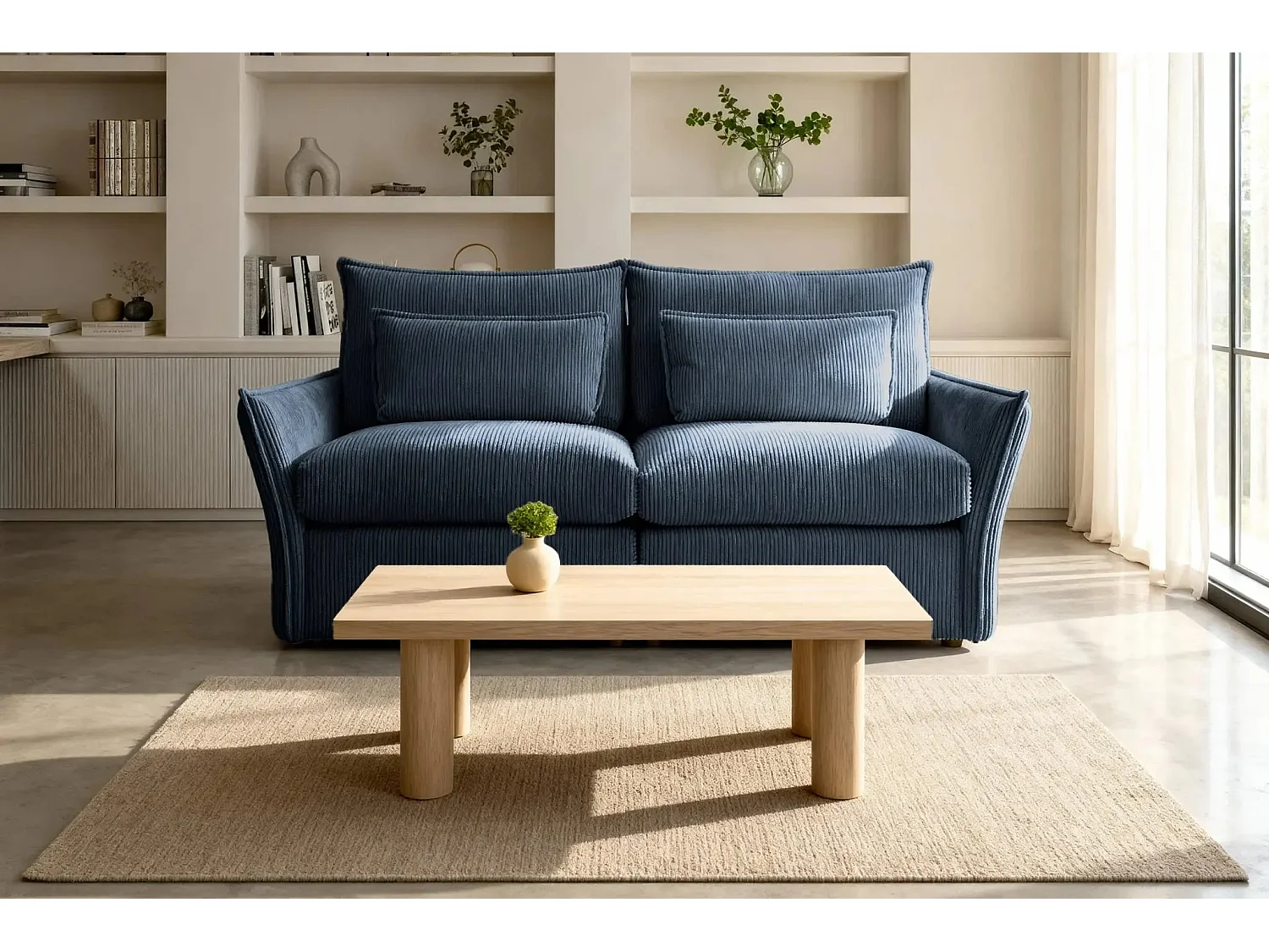 ANGELE - Canapé droit velours côtelé 2 places - Bleu