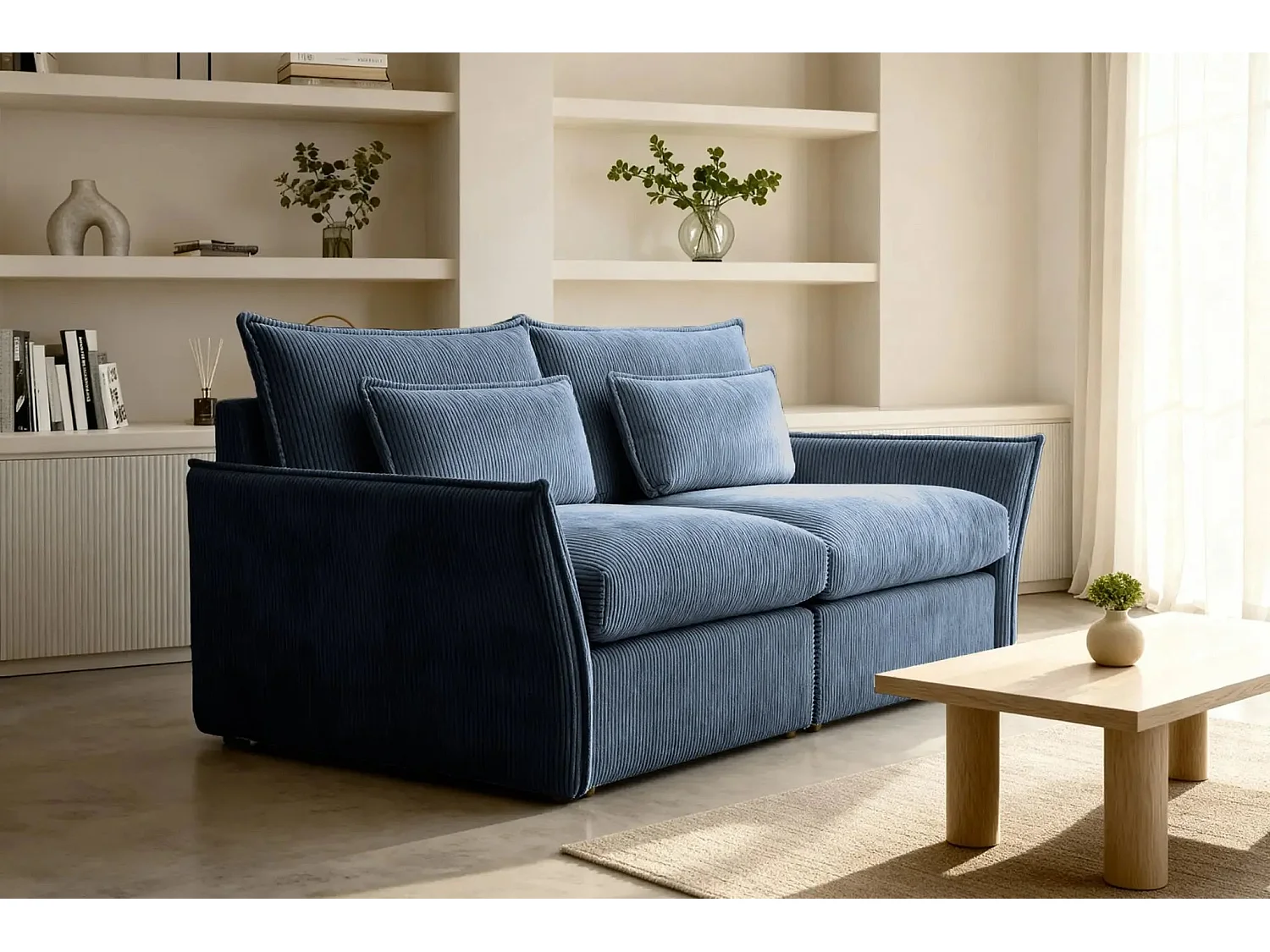 ANGELE - Canapé droit velours côtelé 2 places - Bleu