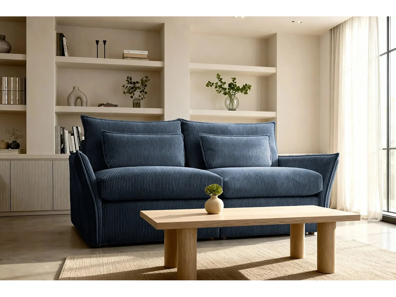 ANGELE - Canapé droit velours côtelé 2 places - Bleu