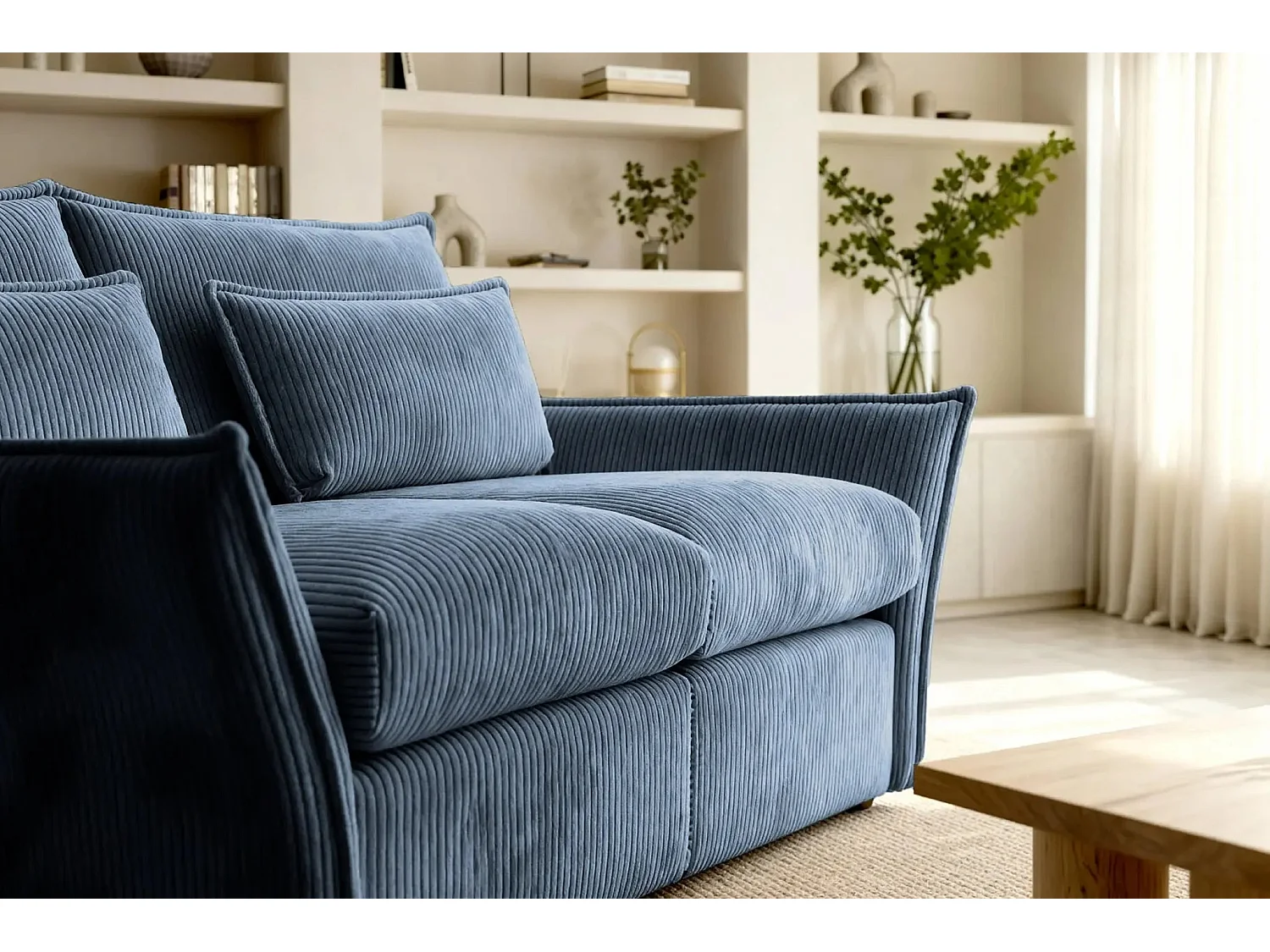 ANGELE - Canapé droit velours côtelé 2 places - Bleu