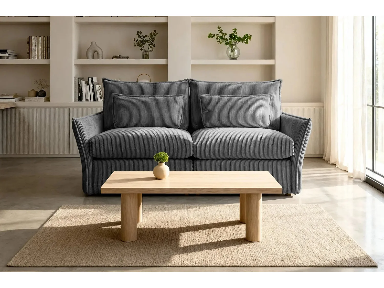ANGELE - Canapé droit velours côtelé 2 places - Gris foncé