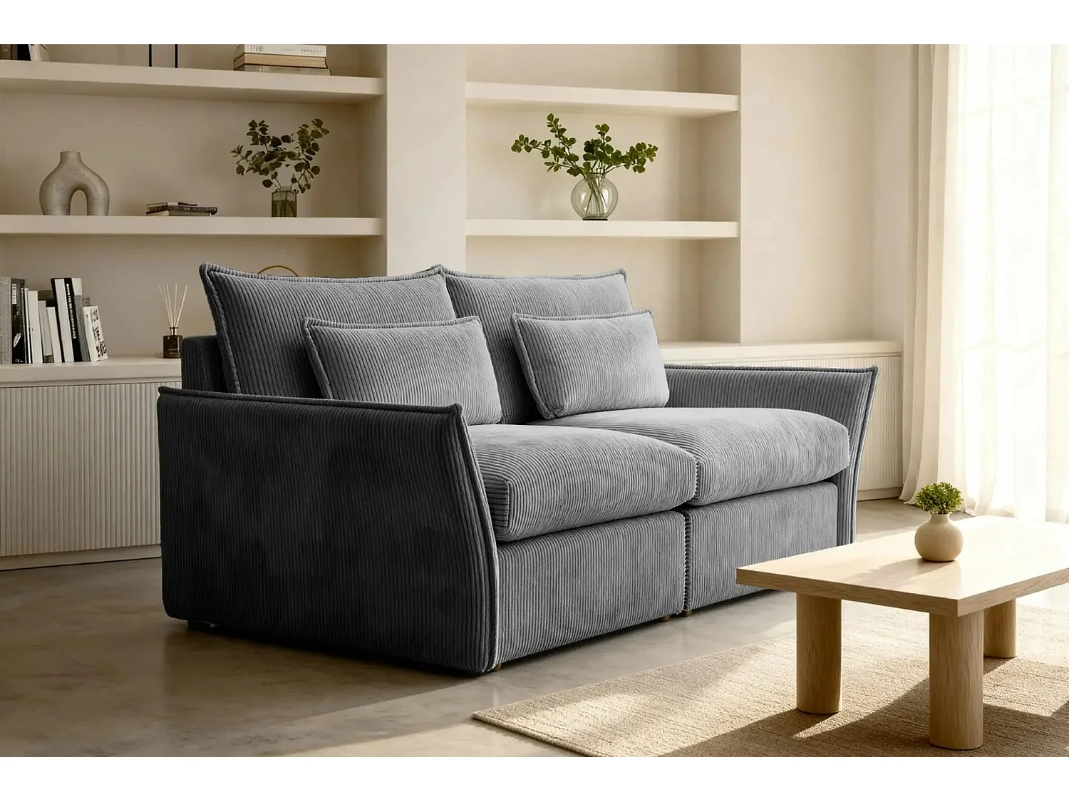 ANGELE - Canapé droit velours côtelé 2 places - Gris foncé