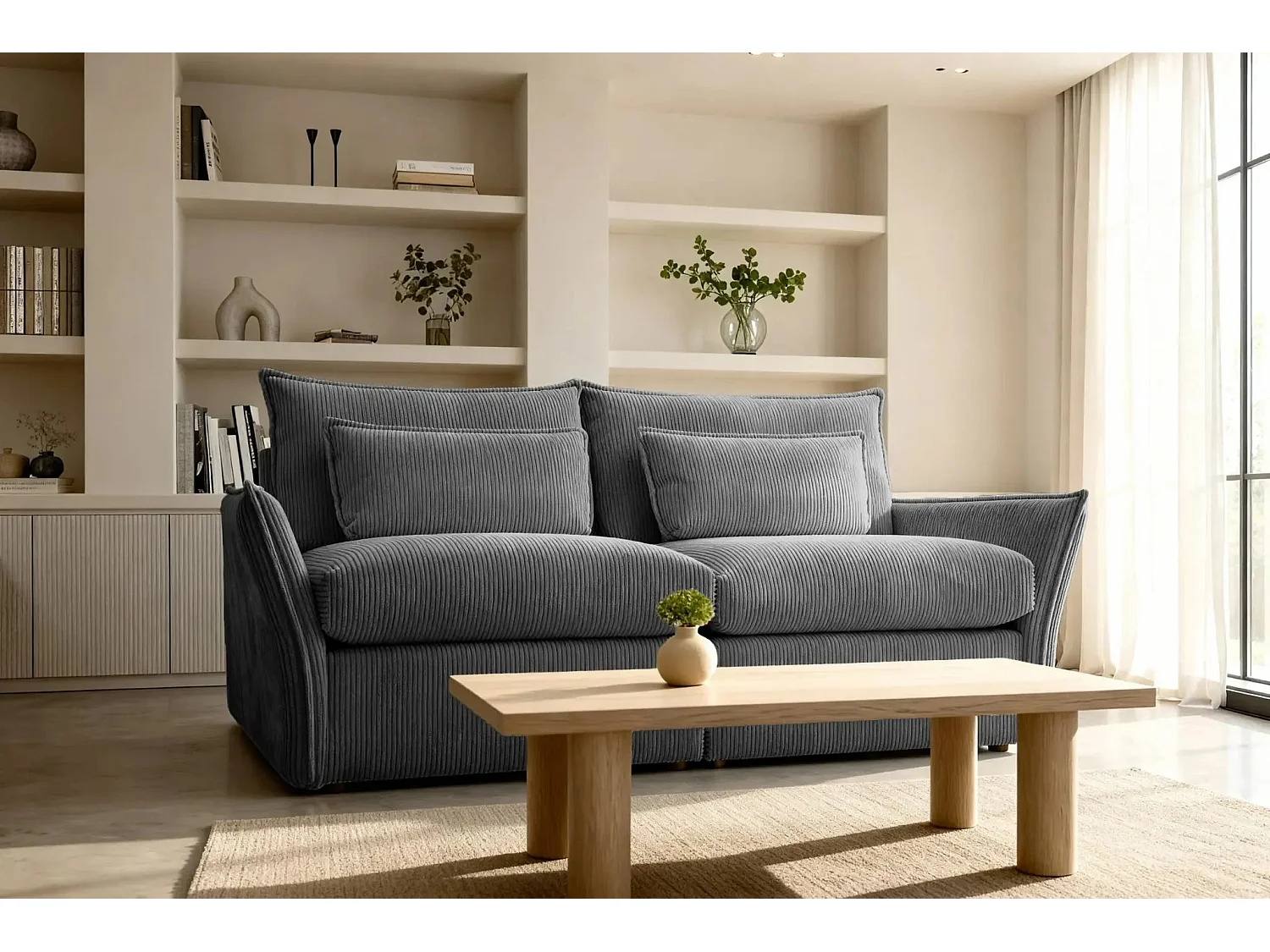 ANGELE - Canapé droit velours côtelé 2 places - Gris foncé