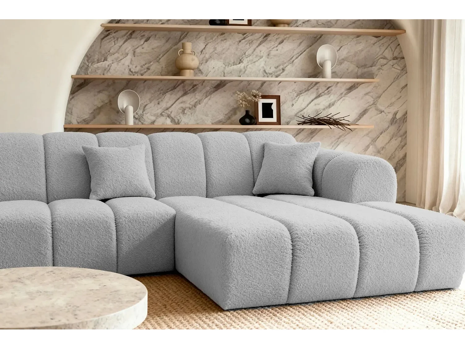 LAURA - Canapé d'angle tissu bouclette 4 places - Gris clair - Droit