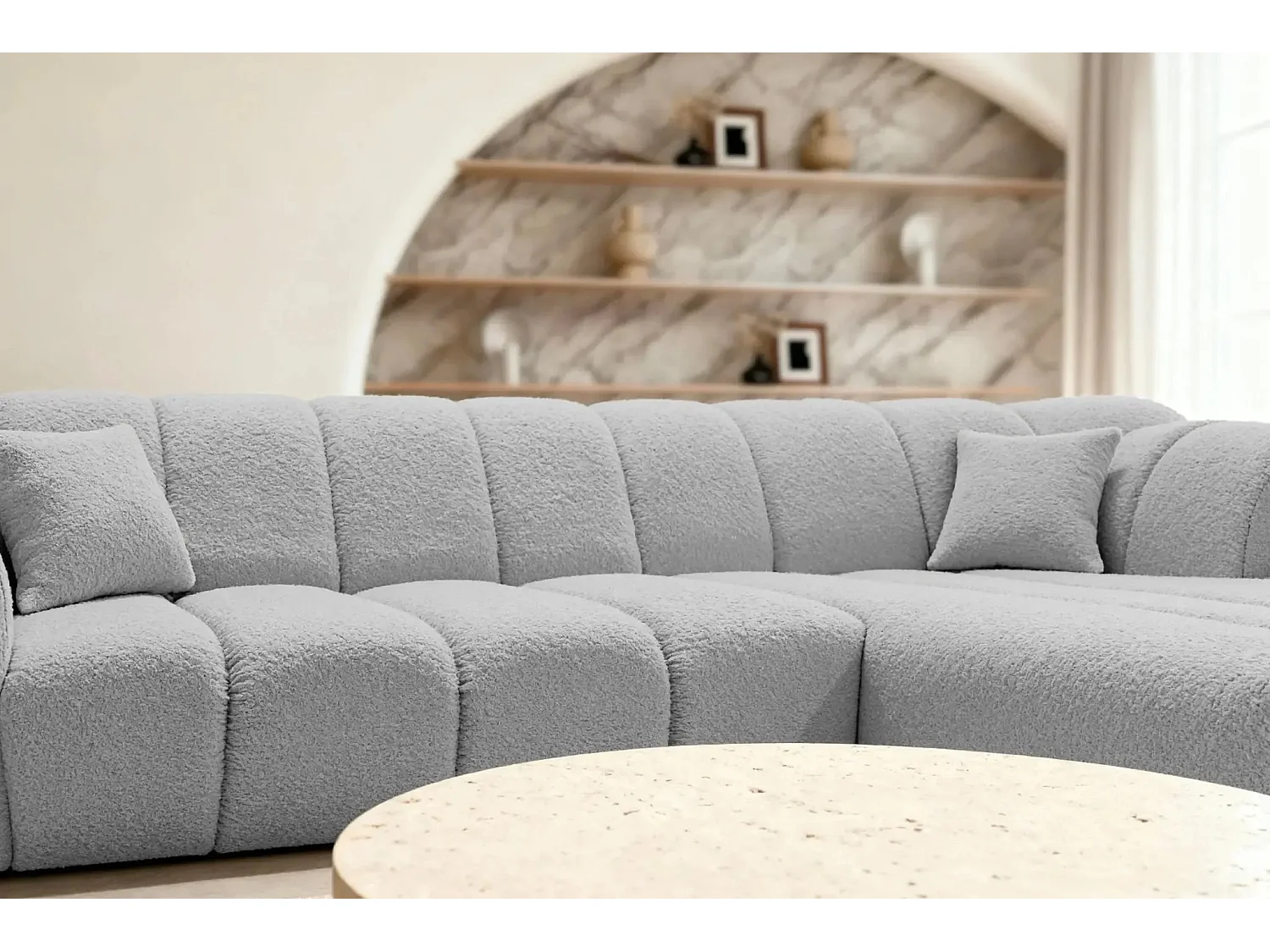 LAURA - Canapé d'angle tissu bouclette 4 places - Gris clair - Droit