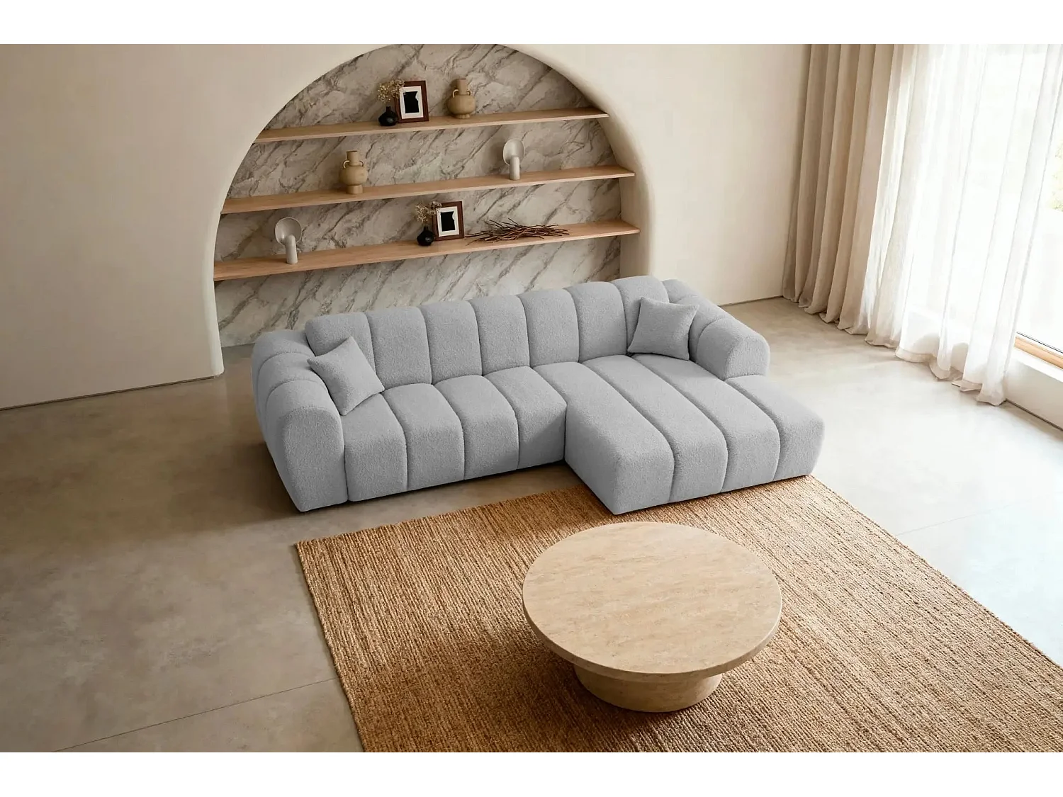 LAURA - Canapé d'angle tissu bouclette 4 places - Gris clair - Droit