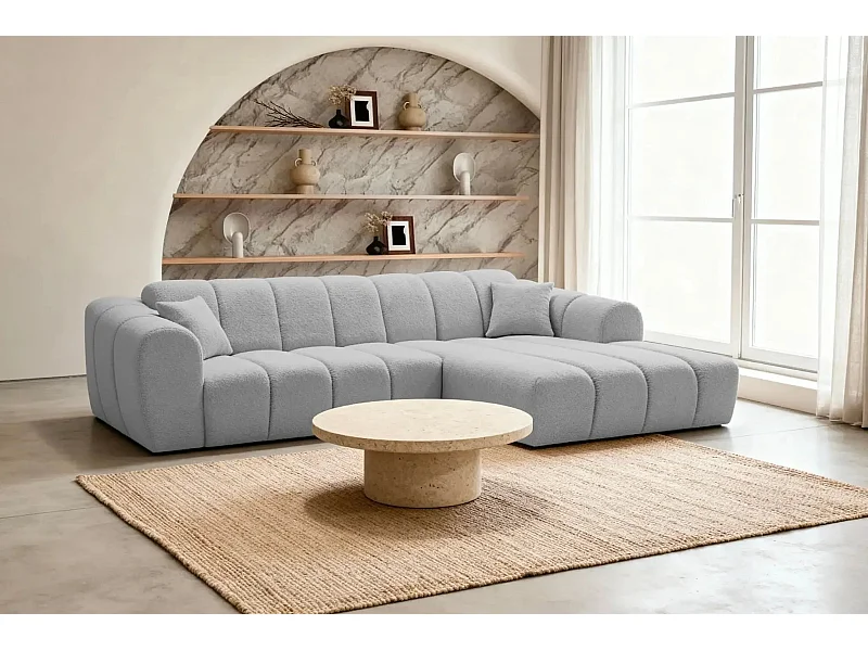 LAURA - Canapé d'angle tissu bouclette 4 places - Gris clair - Droit