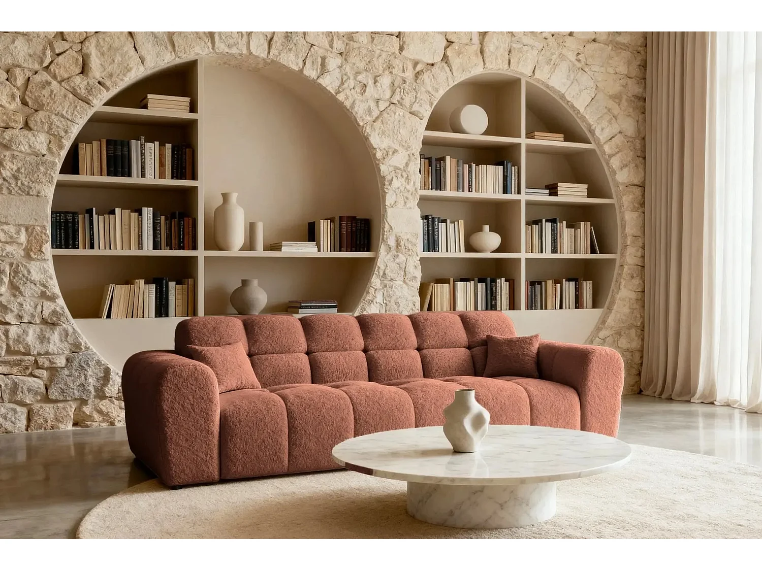 ALEXIA - Canapé droit tissu bouclette 3 places - Terracotta