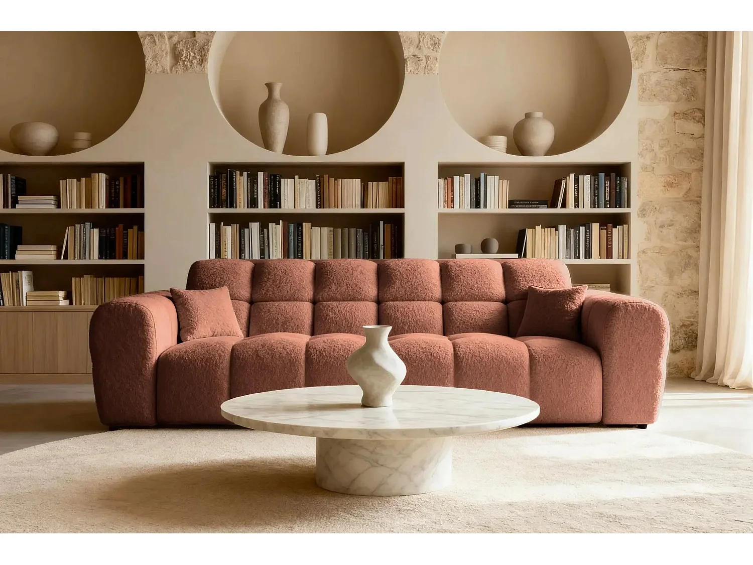 ALEXIA - Canapé droit tissu bouclette 3 places - Terracotta