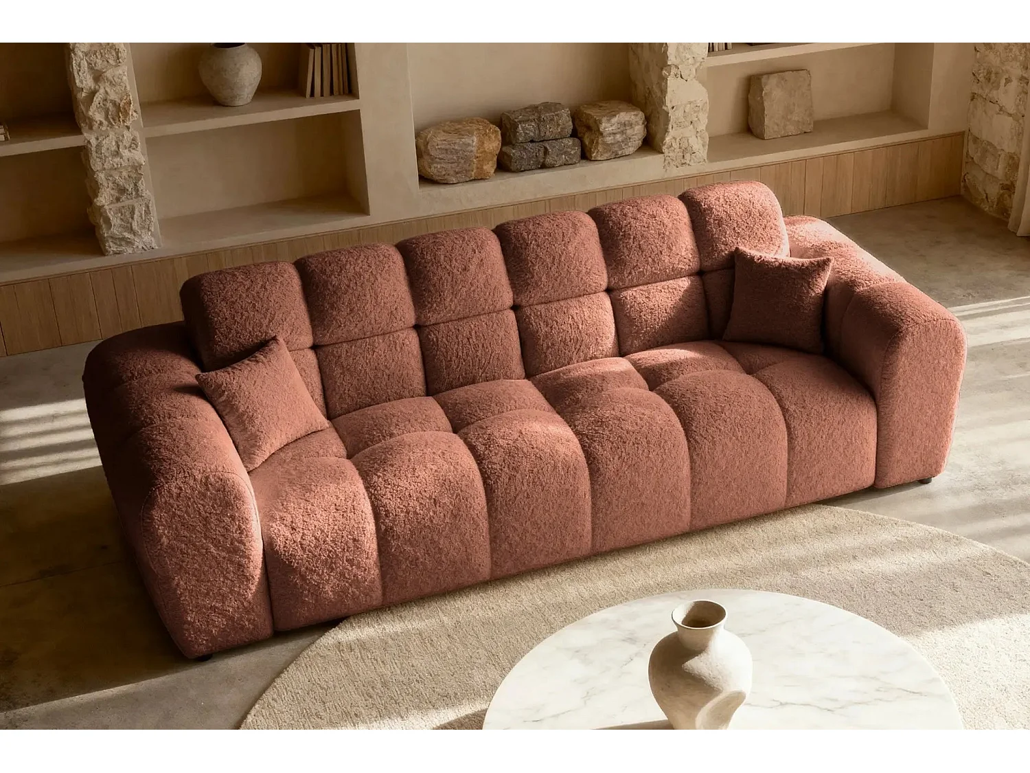 ALEXIA - Canapé droit tissu bouclette 3 places - Terracotta