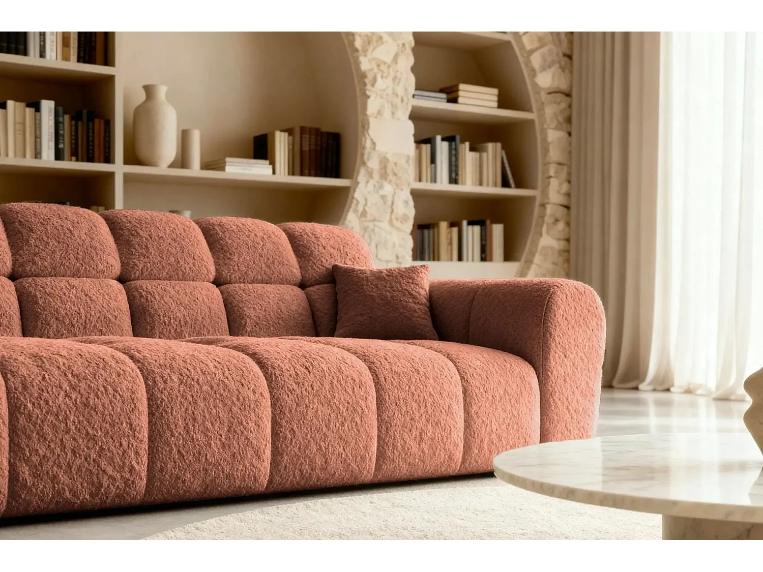 ALEXIA - Canapé droit tissu bouclette 3 places - Terracotta