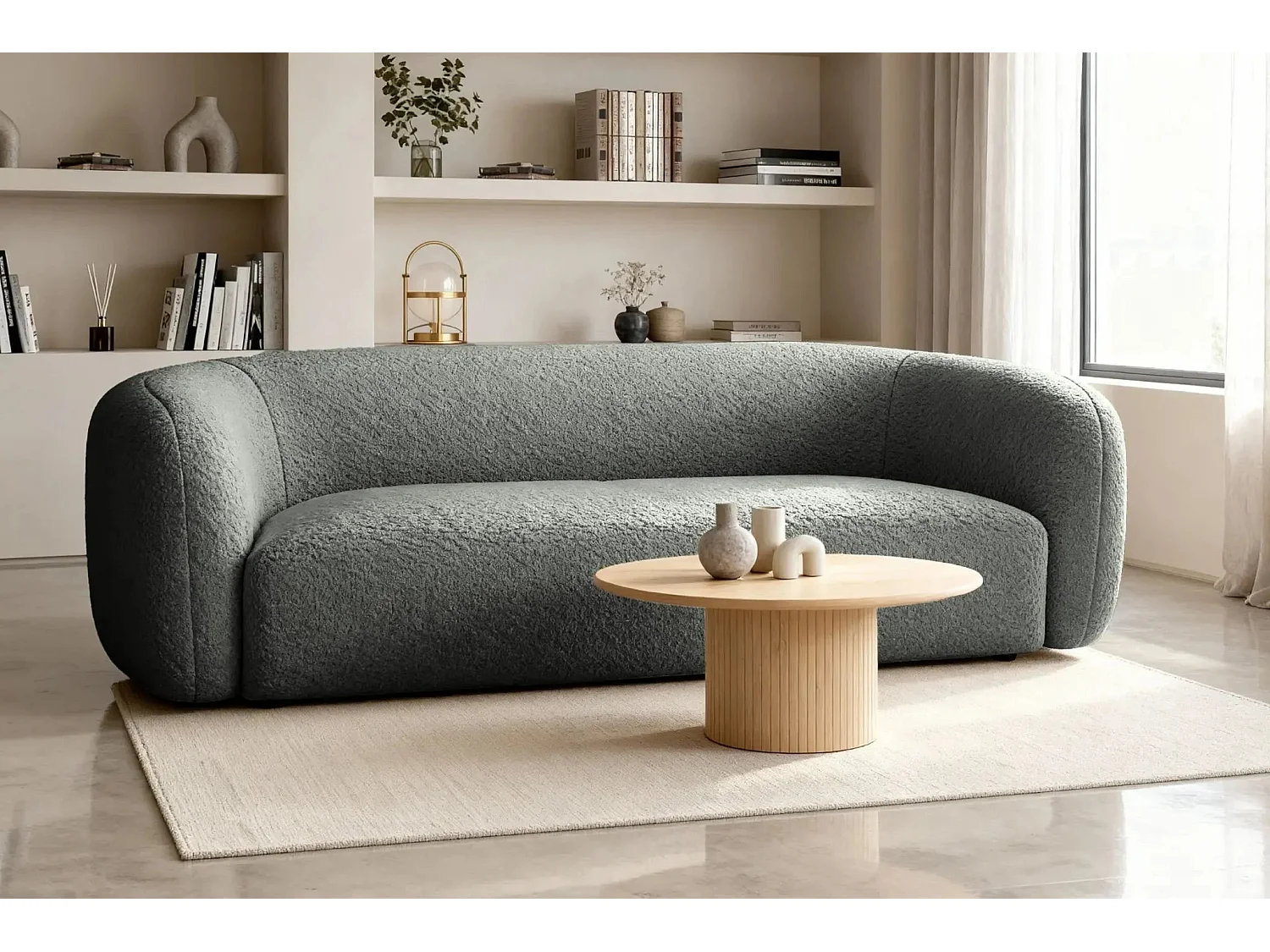 BAHIA 3 - Canapé droit en tissu bouclette 3 places - Gris foncé