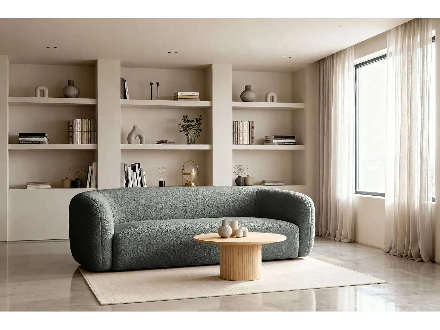 BAHIA 3 - Canapé droit en tissu bouclette 3 places - Gris foncé