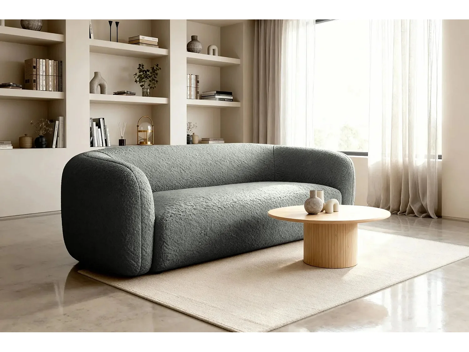 BAHIA 3 - Canapé droit en tissu bouclette 3 places - Gris foncé