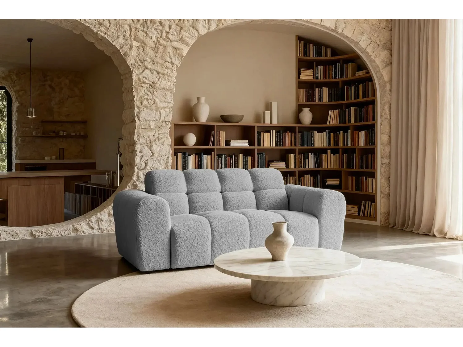 ALEXIA - Canapé droit tissu bouclette 2 places - Gris clair