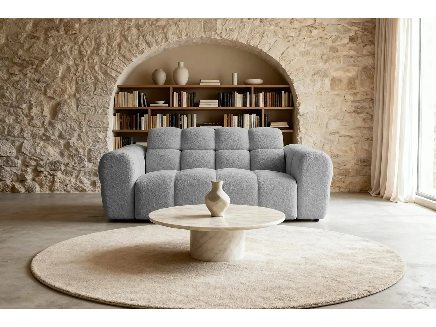 ALEXIA - Canapé droit tissu bouclette 2 places - Gris clair