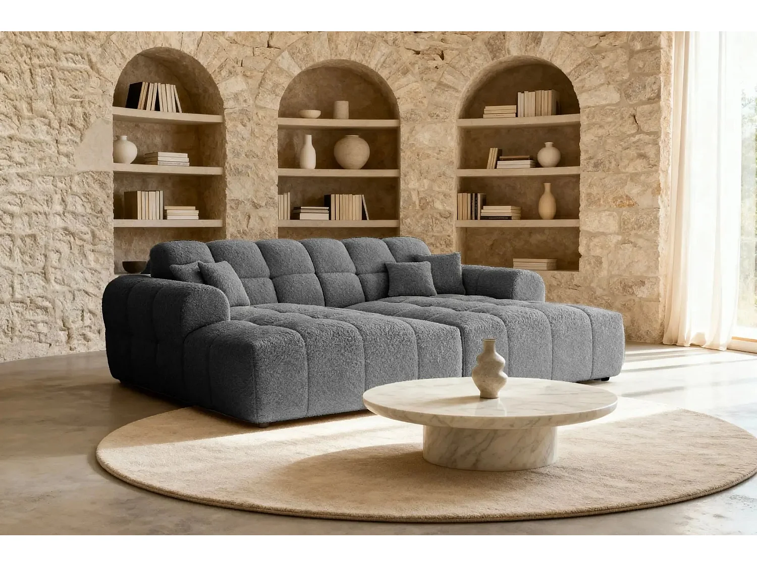 ALEXIA XL - Canapé droit tissu bouclette 4 places - Gris foncé