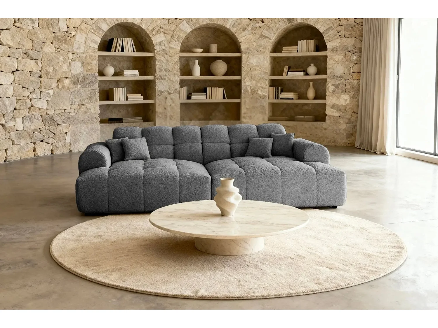 ALEXIA XL - Canapé droit tissu bouclette 4 places - Gris foncé