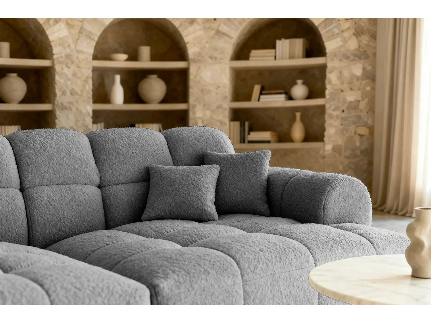 ALEXIA XL - Canapé droit tissu bouclette 4 places - Gris foncé