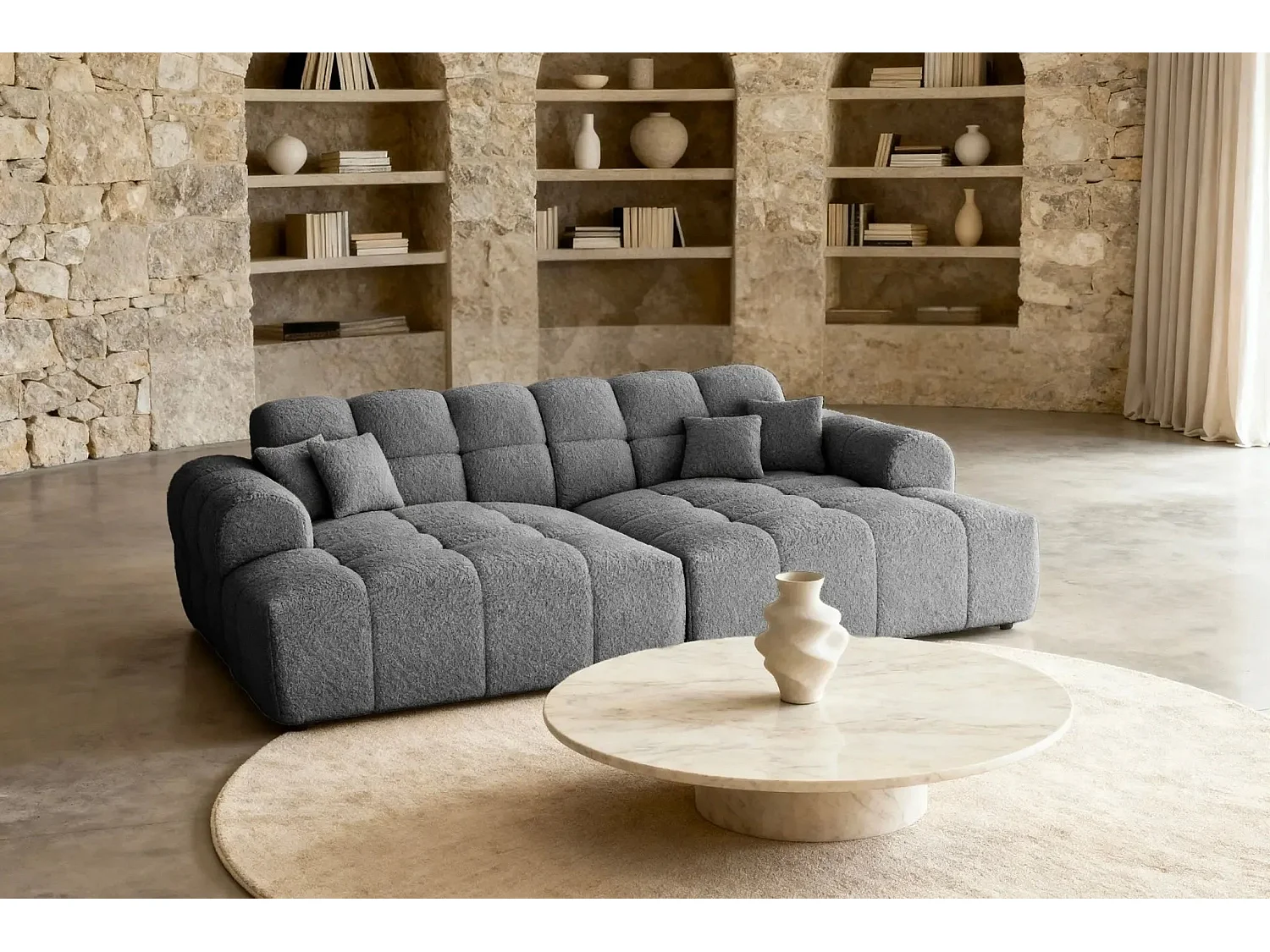 ALEXIA XL - Canapé droit tissu bouclette 4 places - Gris foncé