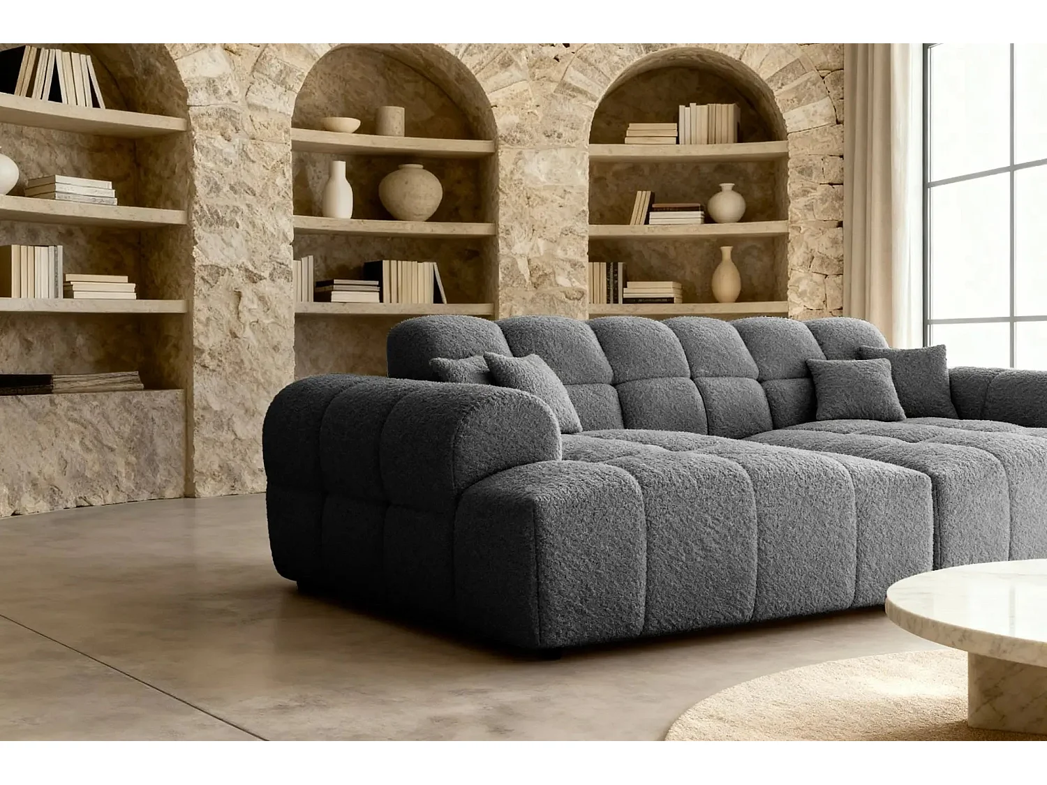 ALEXIA XL - Canapé droit tissu bouclette 4 places - Gris foncé