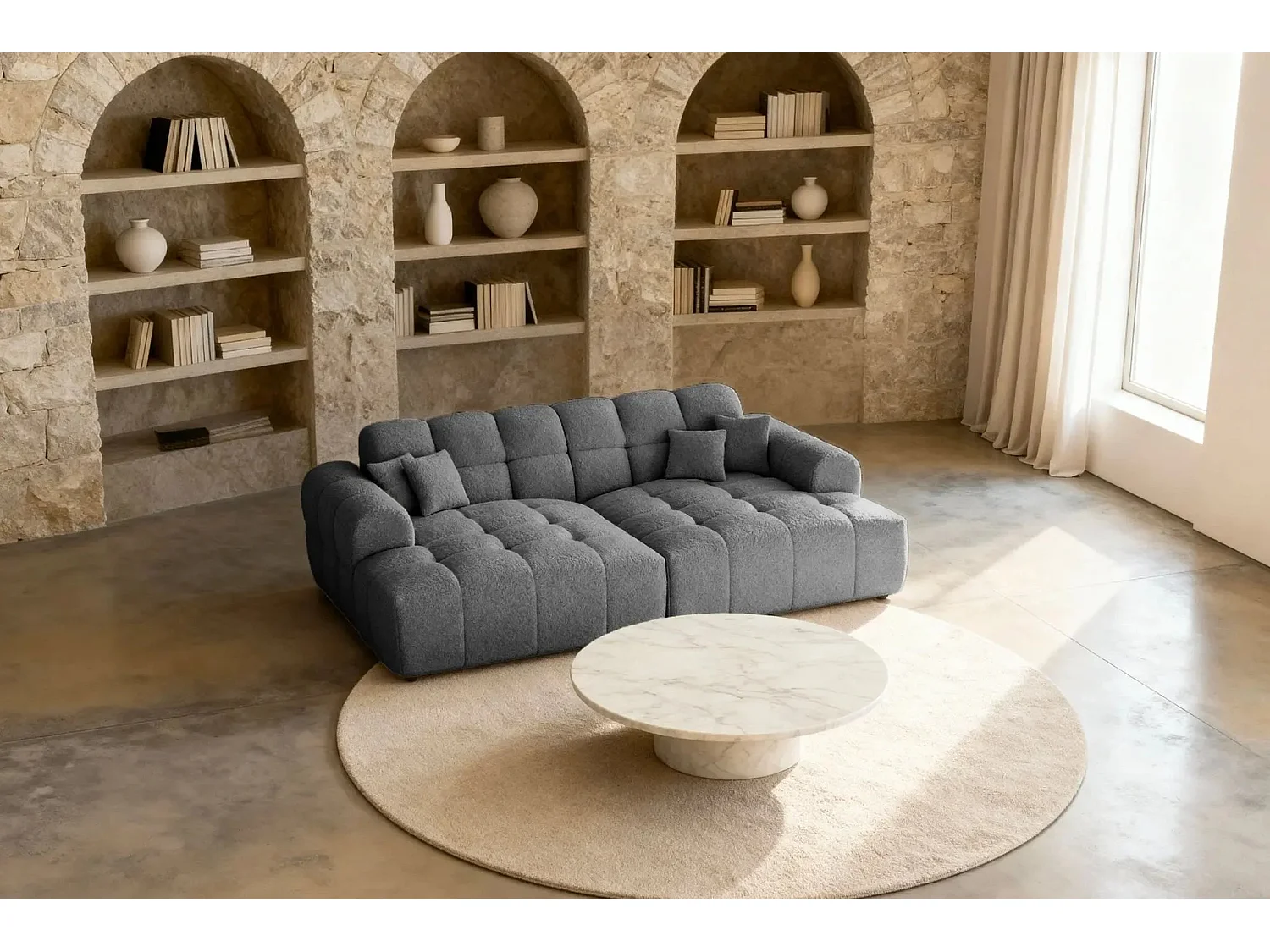 ALEXIA XL - Canapé droit tissu bouclette 4 places - Gris foncé