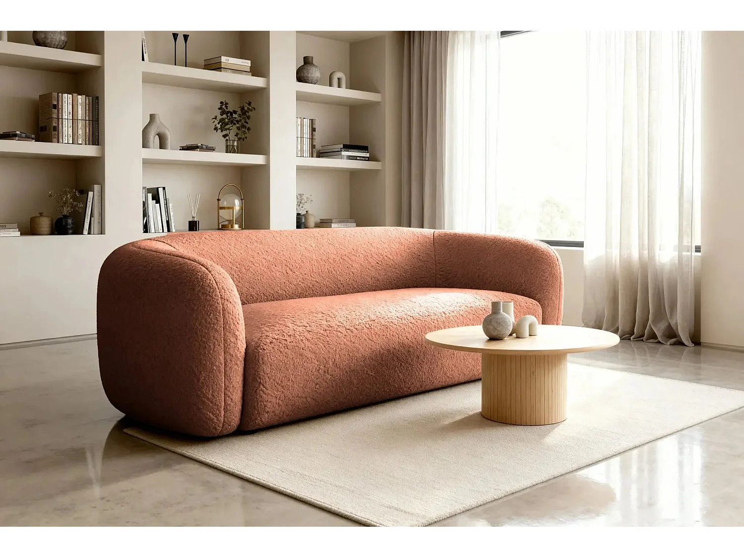 BAHIA 3 - Canapé droit en tissu bouclette 3 places - Terracotta