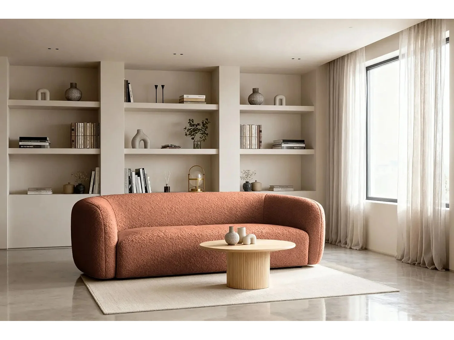 BAHIA 3 - Canapé droit en tissu bouclette 3 places - Terracotta