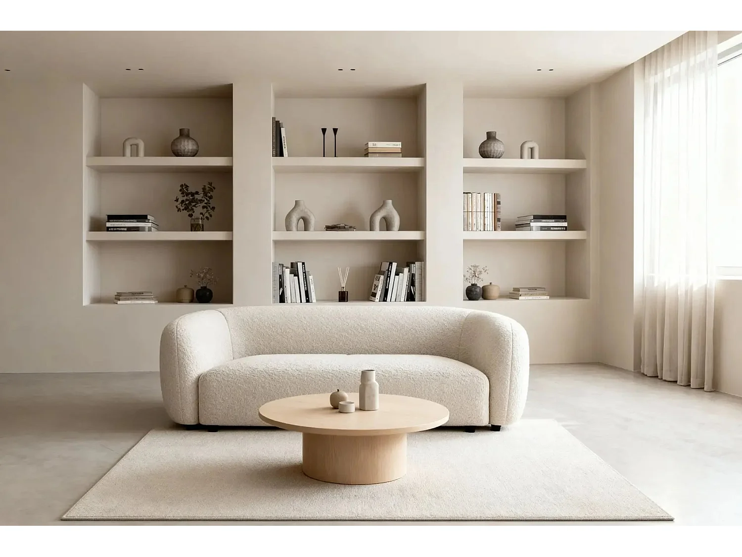 BAHIA 3 - Canapé droit en tissu bouclette 3 places - Beige