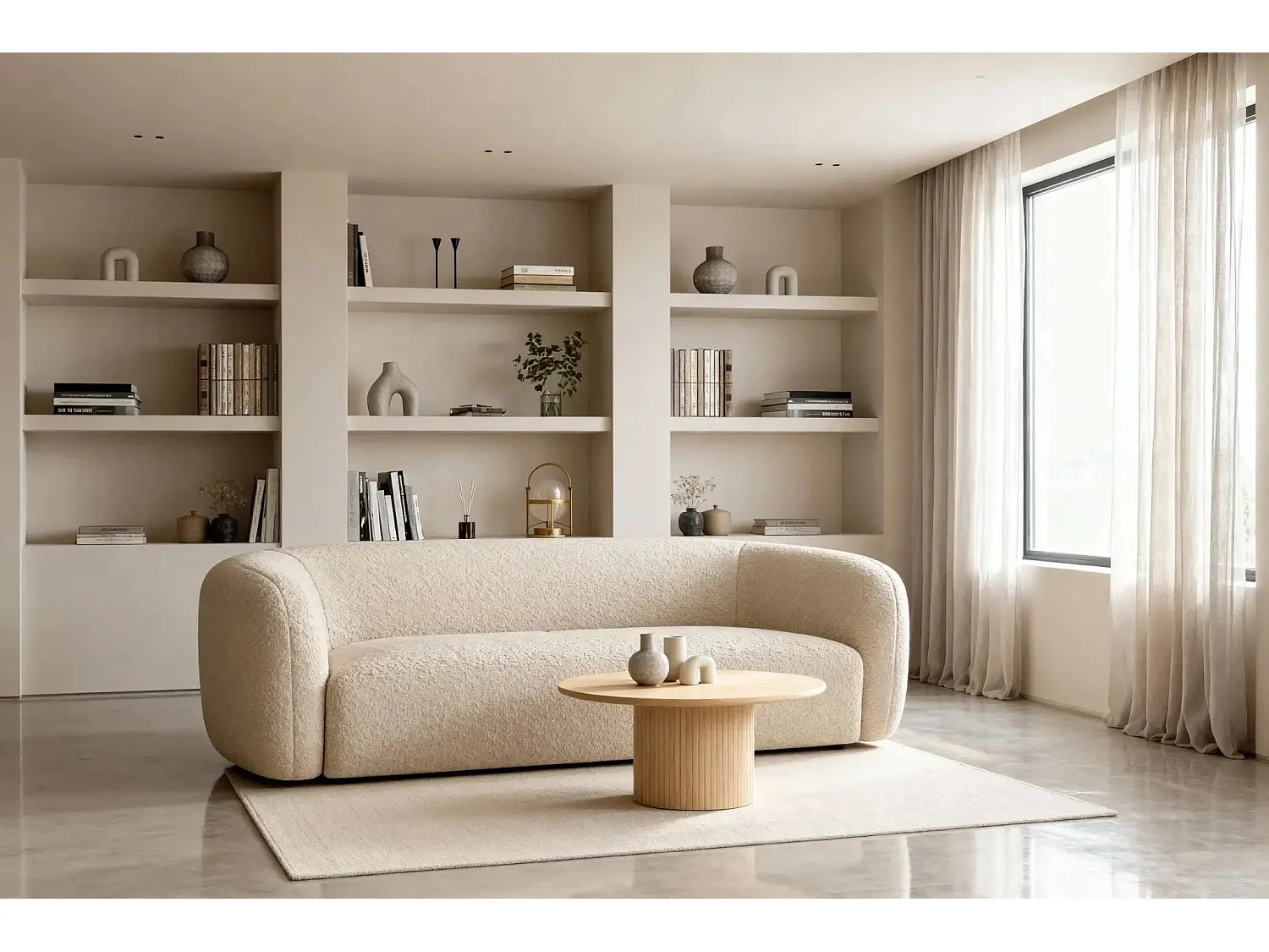 BAHIA 3 - Canapé droit en tissu bouclette 3 places - Beige