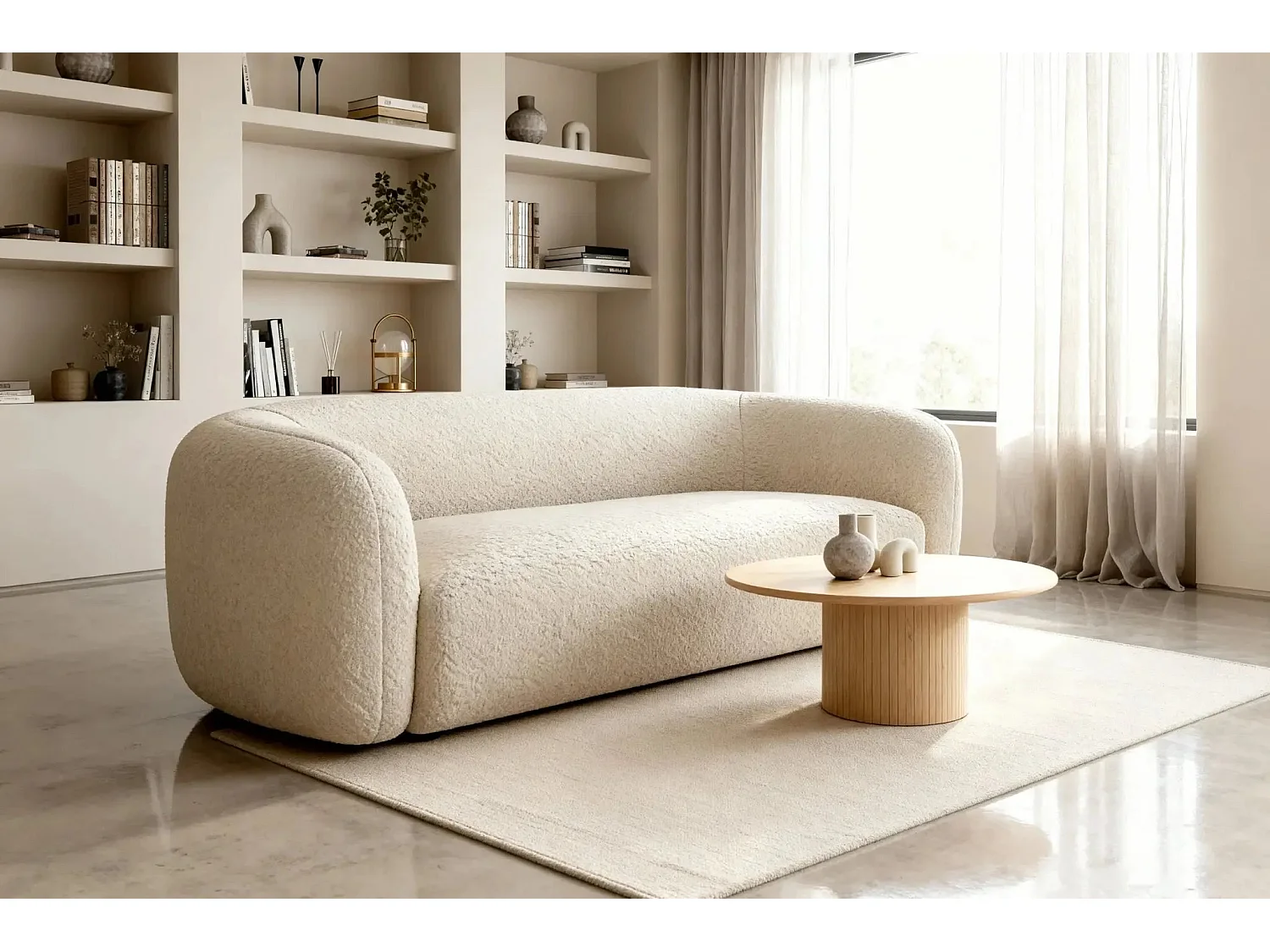 BAHIA 3 - Canapé droit en tissu bouclette 3 places - Beige