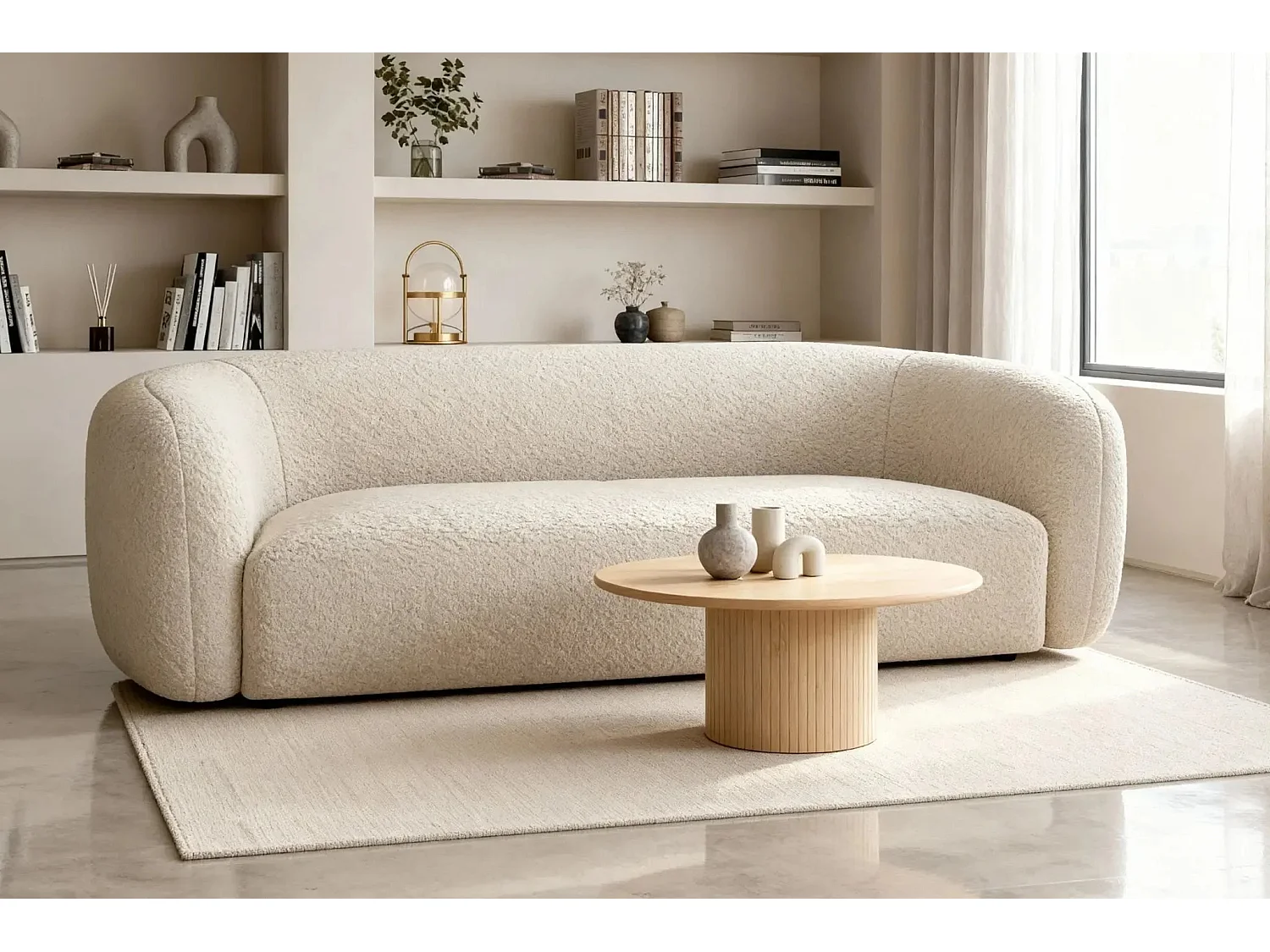 BAHIA 3 - Canapé droit en tissu bouclette 3 places - Beige