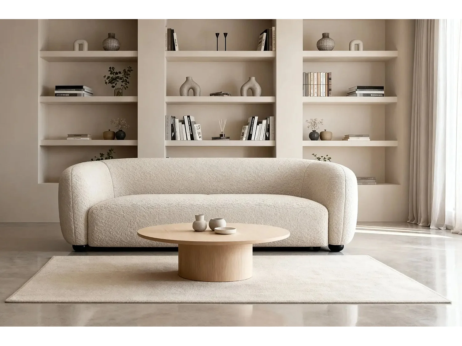 BAHIA 3 - Canapé droit en tissu bouclette 3 places - Beige