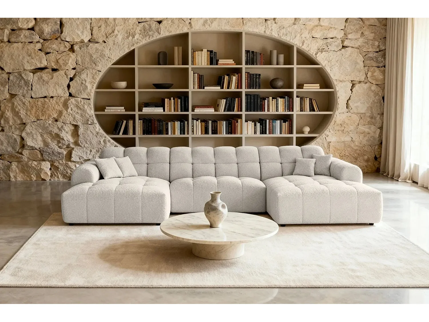 ALEXIA - Canapé panoramique tissu bouclette 5 places - Beige