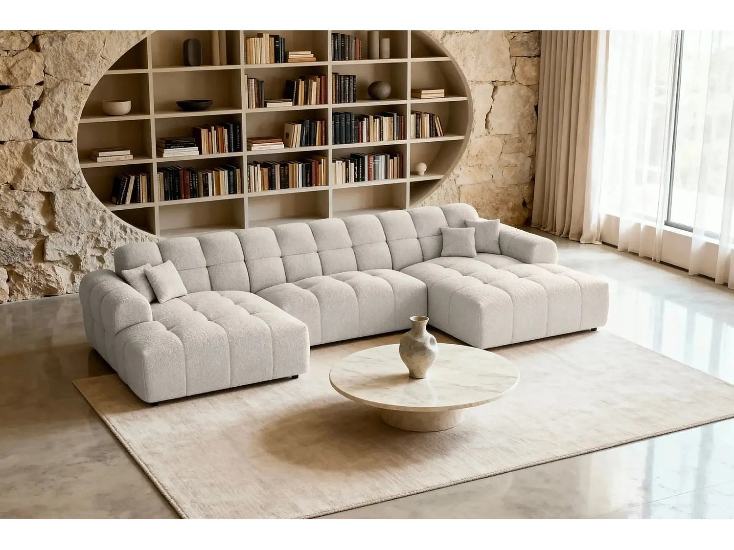 ALEXIA - Canapé panoramique tissu bouclette 5 places - Beige