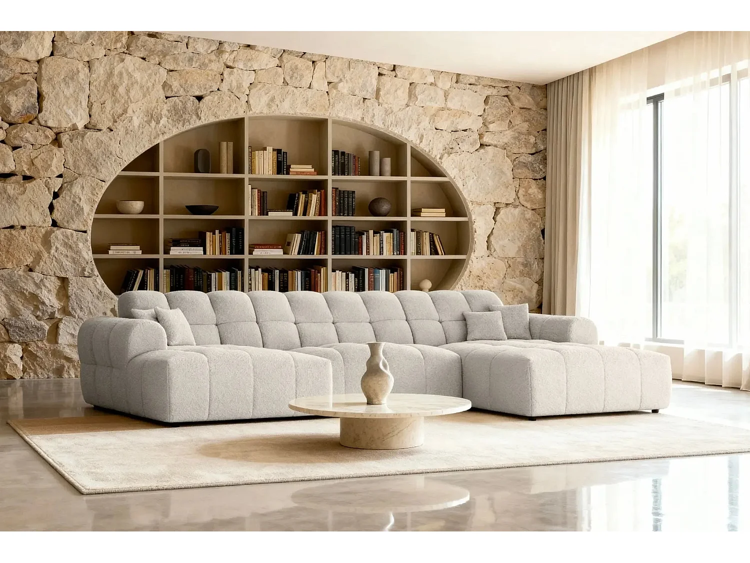 ALEXIA - Canapé panoramique tissu bouclette 5 places - Beige