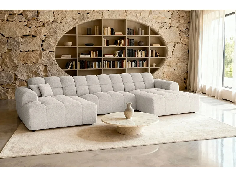 ALEXIA - Canapé panoramique tissu bouclette 5 places - Beige