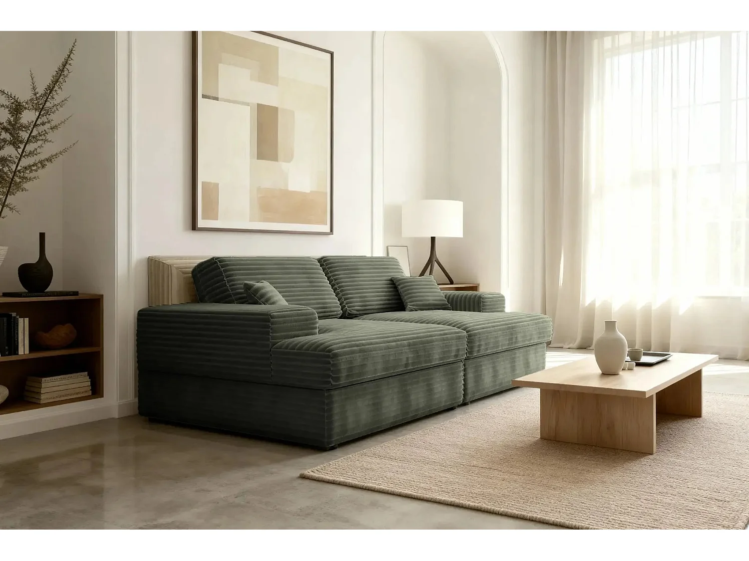 LISBONNE XL - Canapé droit XL gros velours côtelé 3 places Vert olive