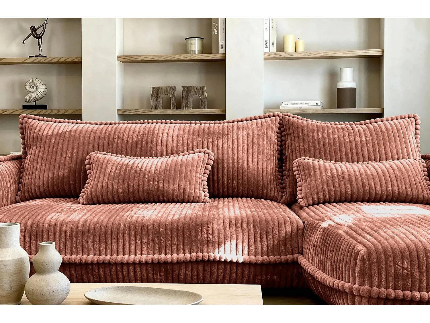 CALIE - Canapé d'angle velours côtelé 3 places - Terracotta - Droit