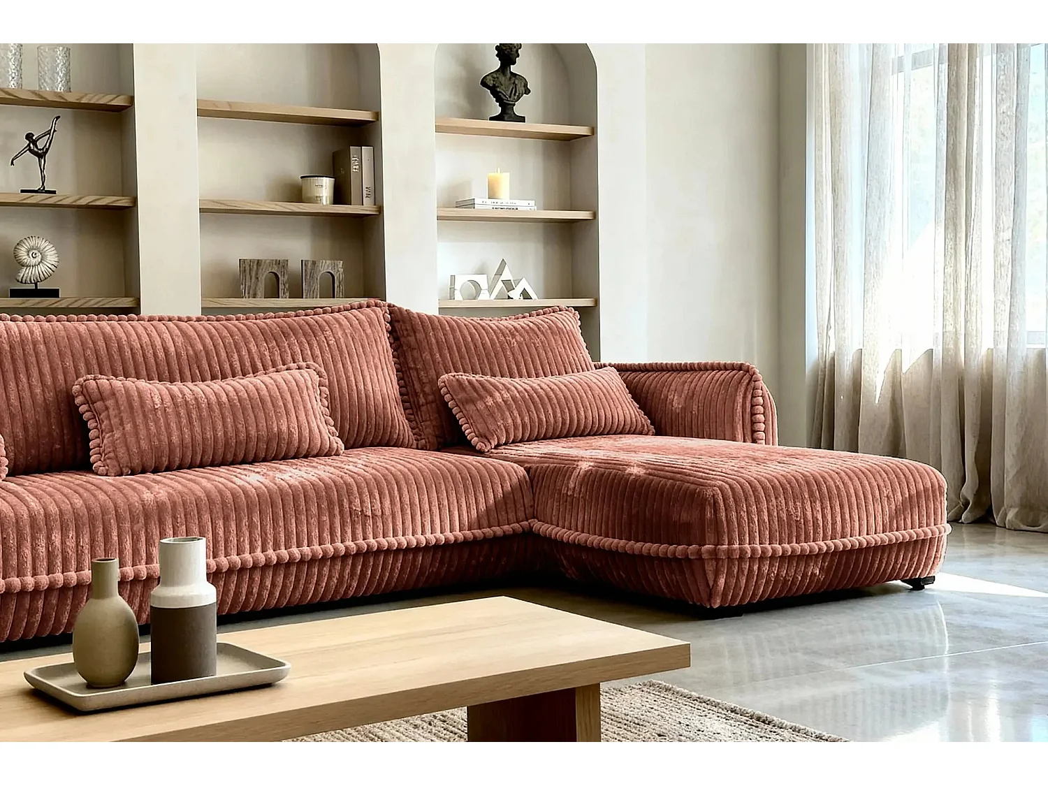 CALIE - Canapé d'angle velours côtelé 3 places - Terracotta - Droit